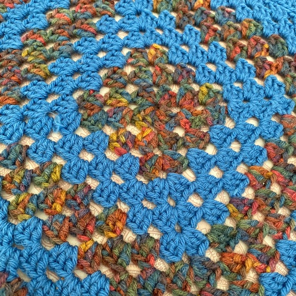 Handmade Blue and multicolor knit afghan throw blanket 39” x 52” - Picture 2 of 4